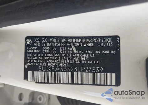 2003 BMW X5 3.0I из США, поврежденный, VIN 5UXFA53523LP27539